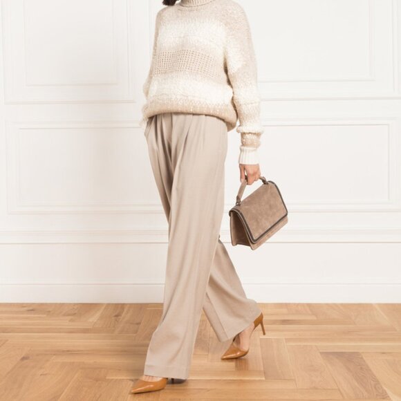 Brunello Cucinelli AW/22 Elastic Waist Wide Leg Beige Wool Pants - Picture 1 of 11